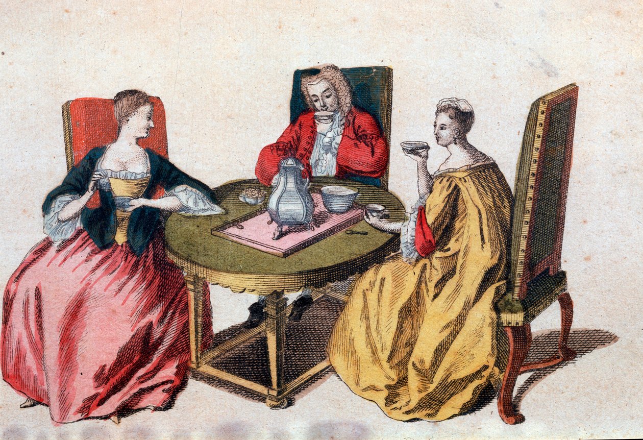 Tre venetianska adelsmän njuter av en chokladgravering av 1700-talets Venedig, Correr museum av Italian School