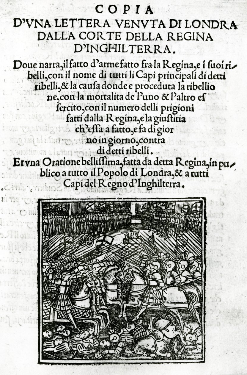 Titelsida för en kopia av ett brev skickat från domstolen för drottningen av England (träsnitt och boktryck) av Italian School