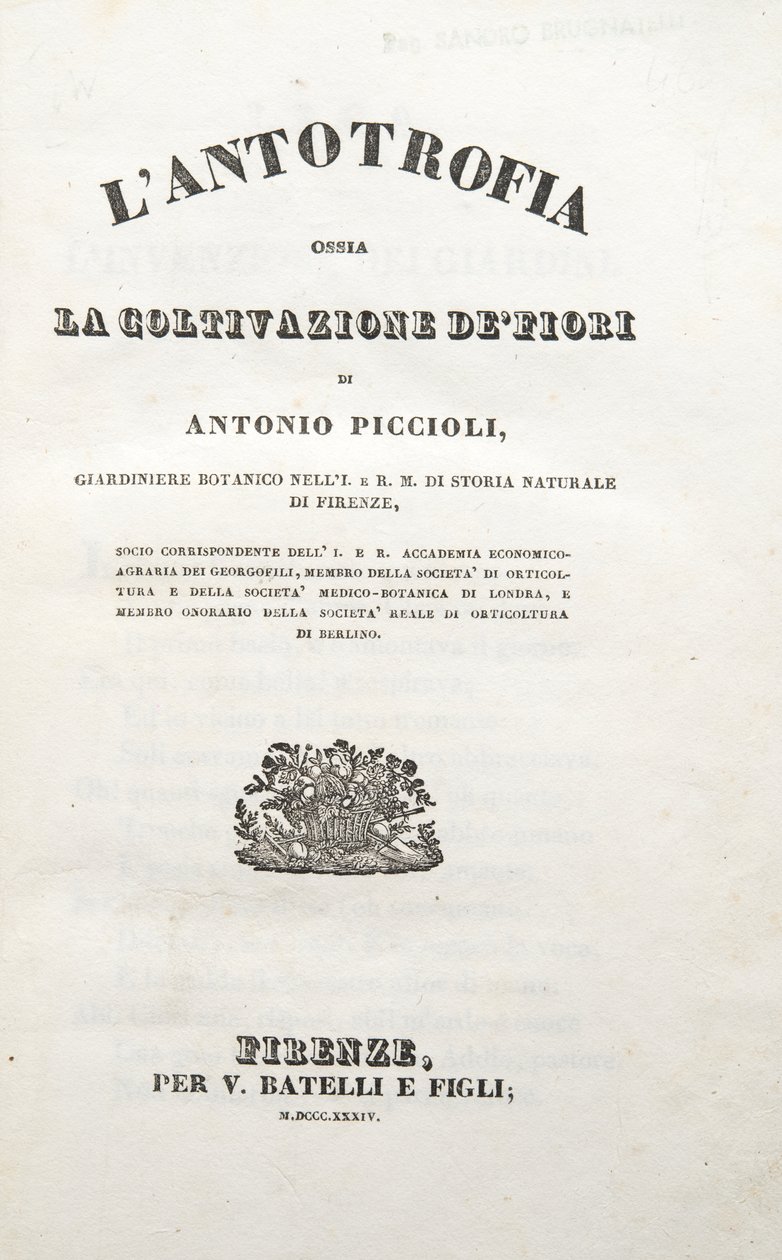 Titelsida, från Antotrofin eller odlingen av blommor av Antonio Piccioli, pub. 1834 (gravyr) av Italian School