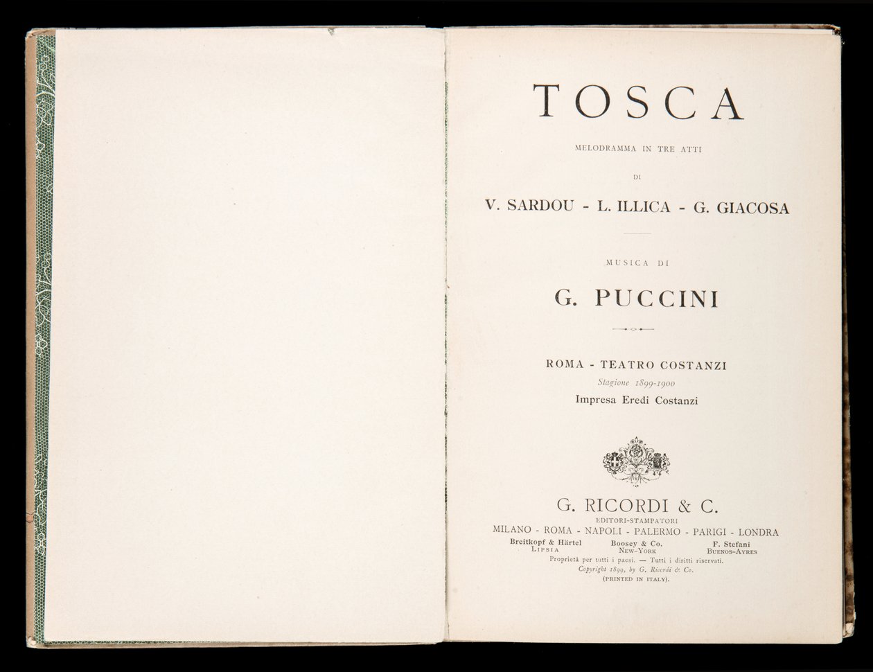 Titelsida, Libretto della Tosca, av Giacomo Puccini, Ricordi Edition, Italien av Italian School