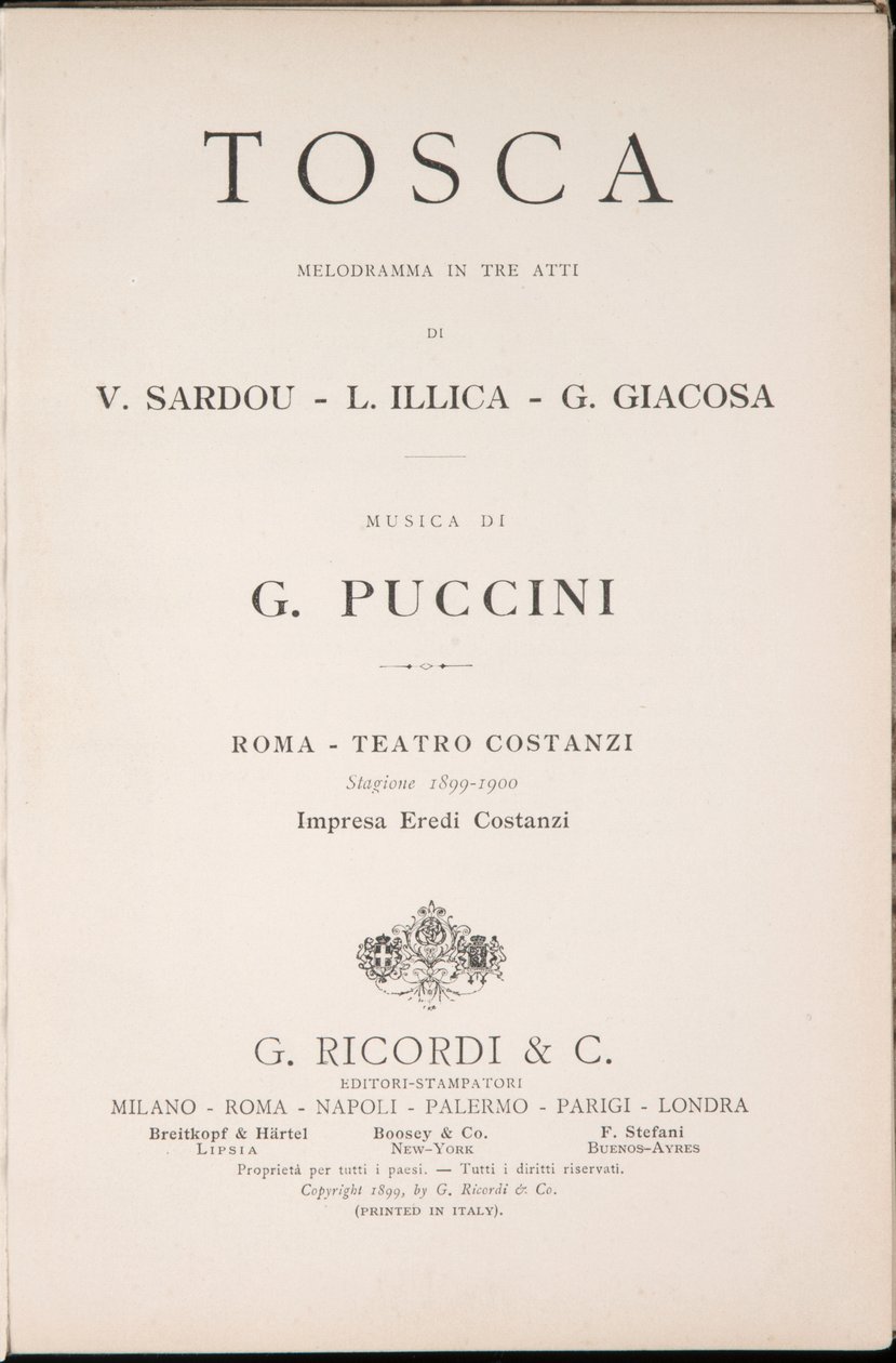 Titelsida, Libretto della Tosca, av Giacomo Puccini, Ricordi Edition, Italien av Italian School