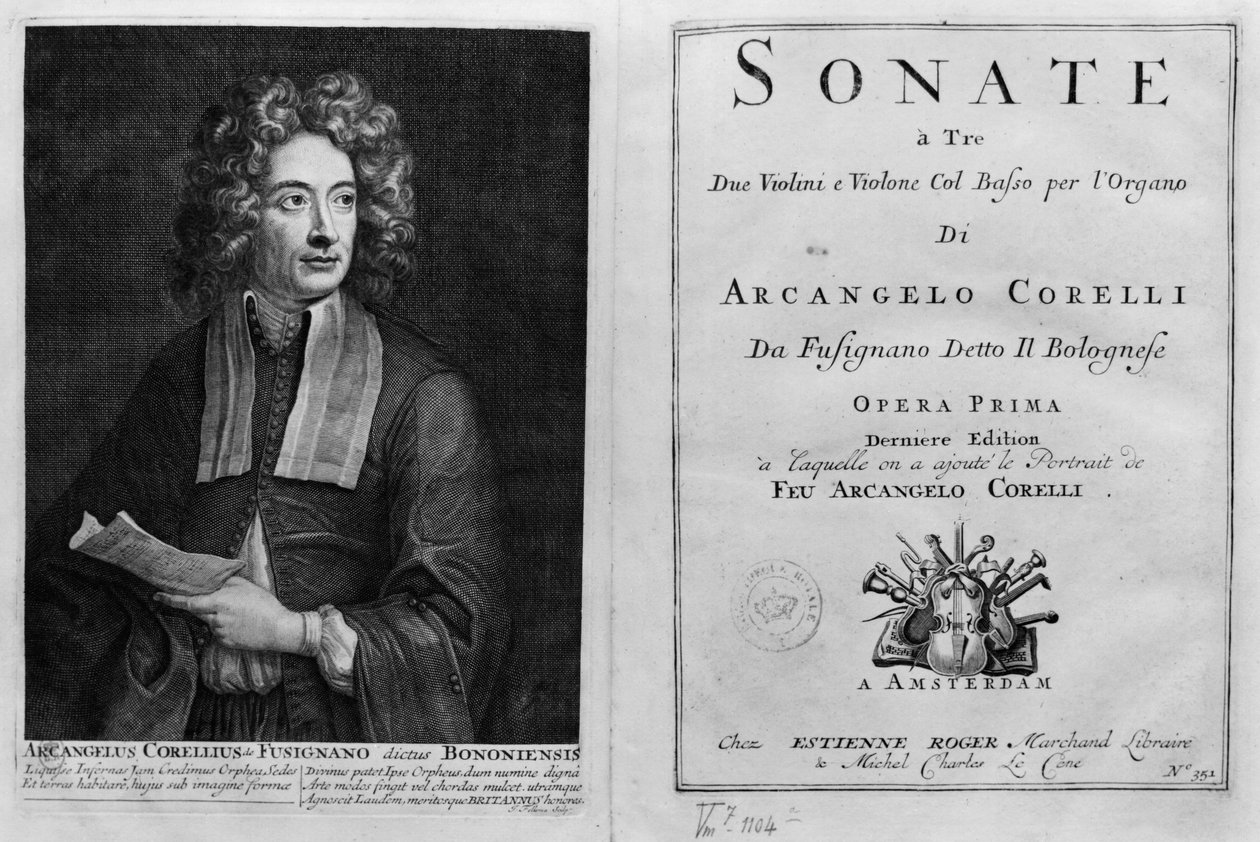 Titelsidan för Sonate a Tre med ett porträtt av Arcangelo Corelli (1653-1713) av Italian School