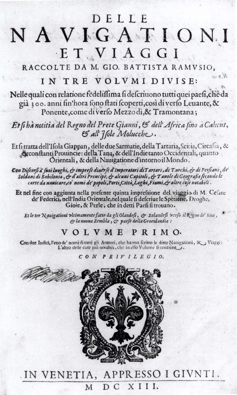 Titelsida till volym I av Delle Navigationi et Viaggi av Giovanni Ramusio (1485-1557) publicerad 1613 av Italian School