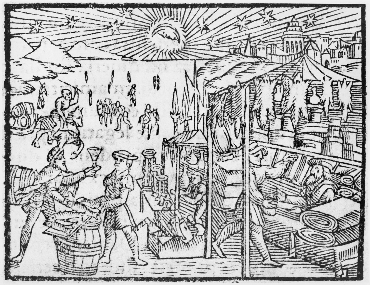 Handel i Skandinavien, illustration från History of the Northern Nations av Olaus Magnus (1490-1558), publicerad i Rom, 1555 av Italian School