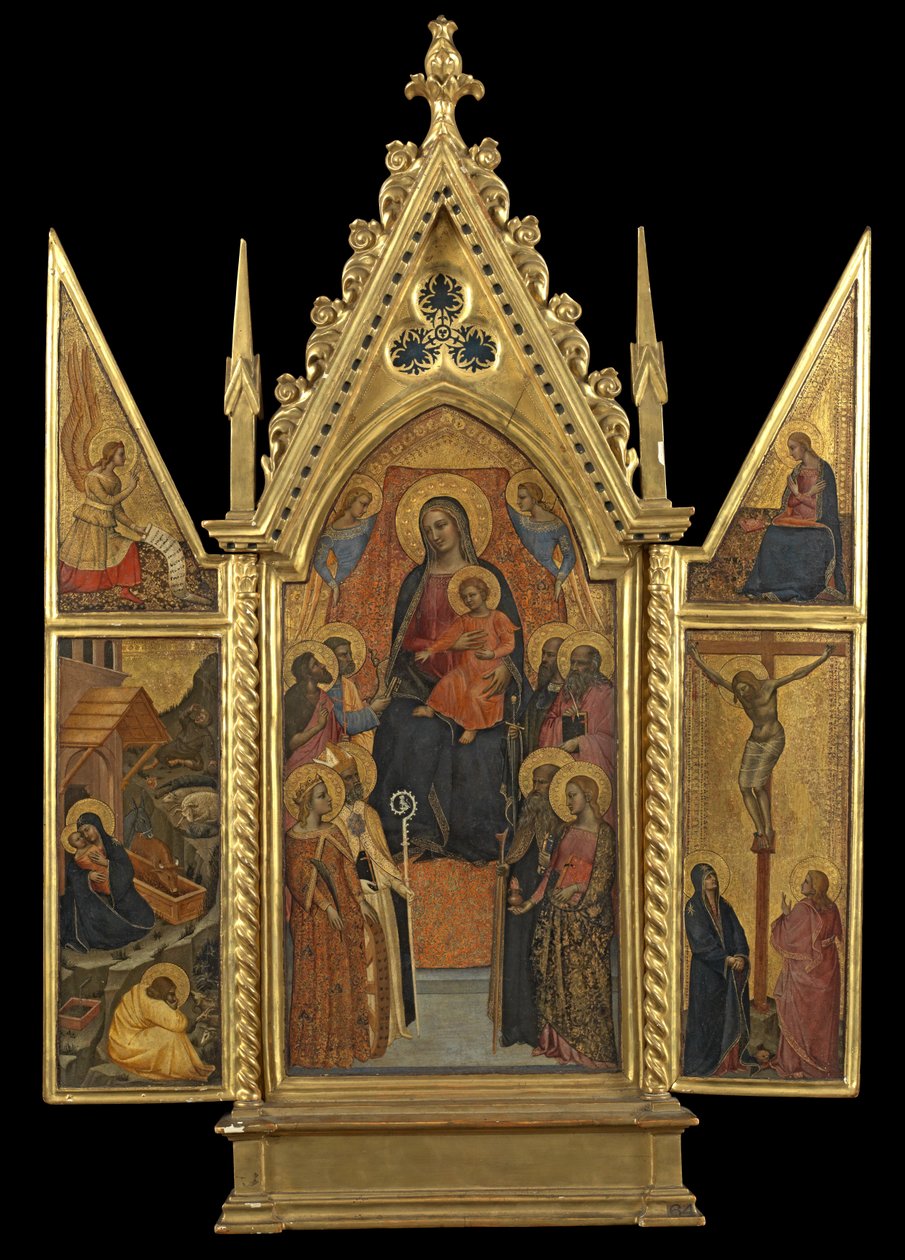 Triptyk - Jungfrun och barnet tronade med åtta heliga, ca 1330-70 (tempera på panel) av Italian School