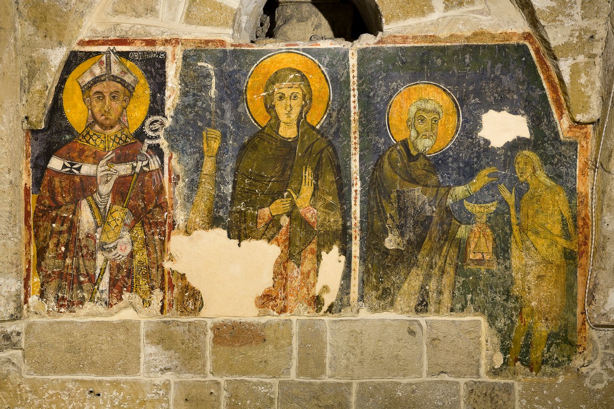 Triptyk föreställande med början från vänster San Cataldo, La Maddalena och San Zosimo som ger nattvarden till Santa Maria Egiziaca, katedralens krypta av Italian School