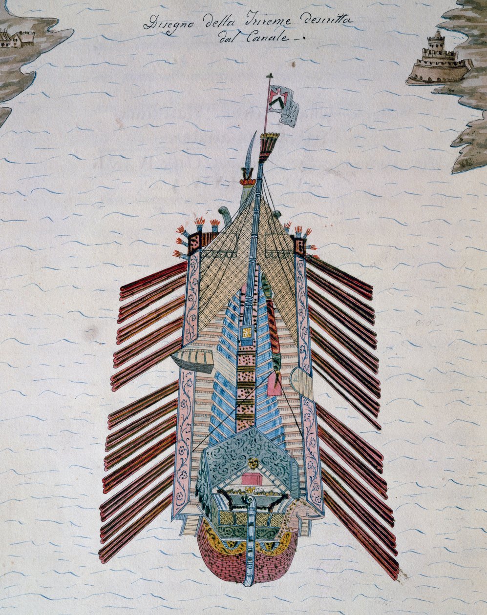 Trireme (skepp med tre bankar åror), från On maritime militia treatise, av Cristoforo Canal (1510-1562), Italien av Italian School