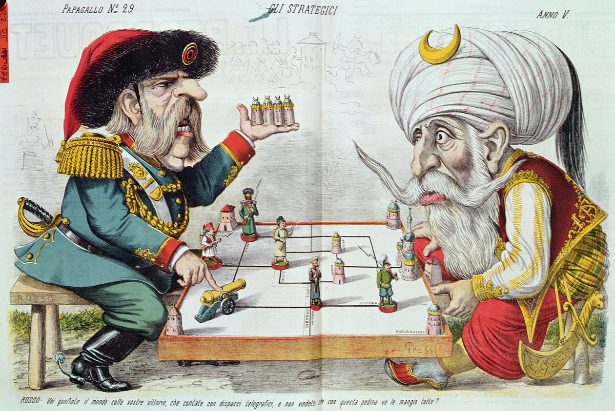 Turkiet och Ryssland spelar ett strategispel, från Le Perroquet, 1877 av Italian School