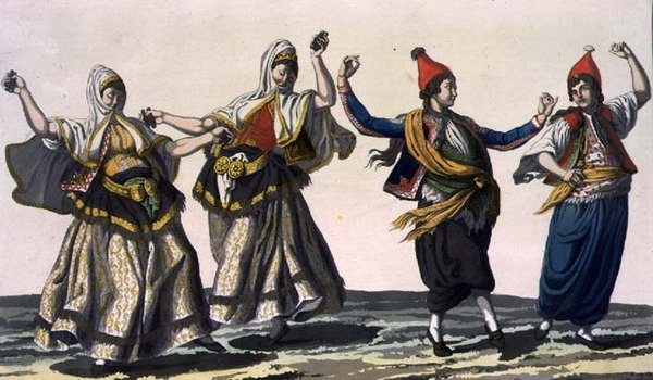 Två kvinnliga och två manliga dansare, plansch 62 från del III, volym I av "The History of the Nations", graverad av V. Raineri (akvatint) av Italian School