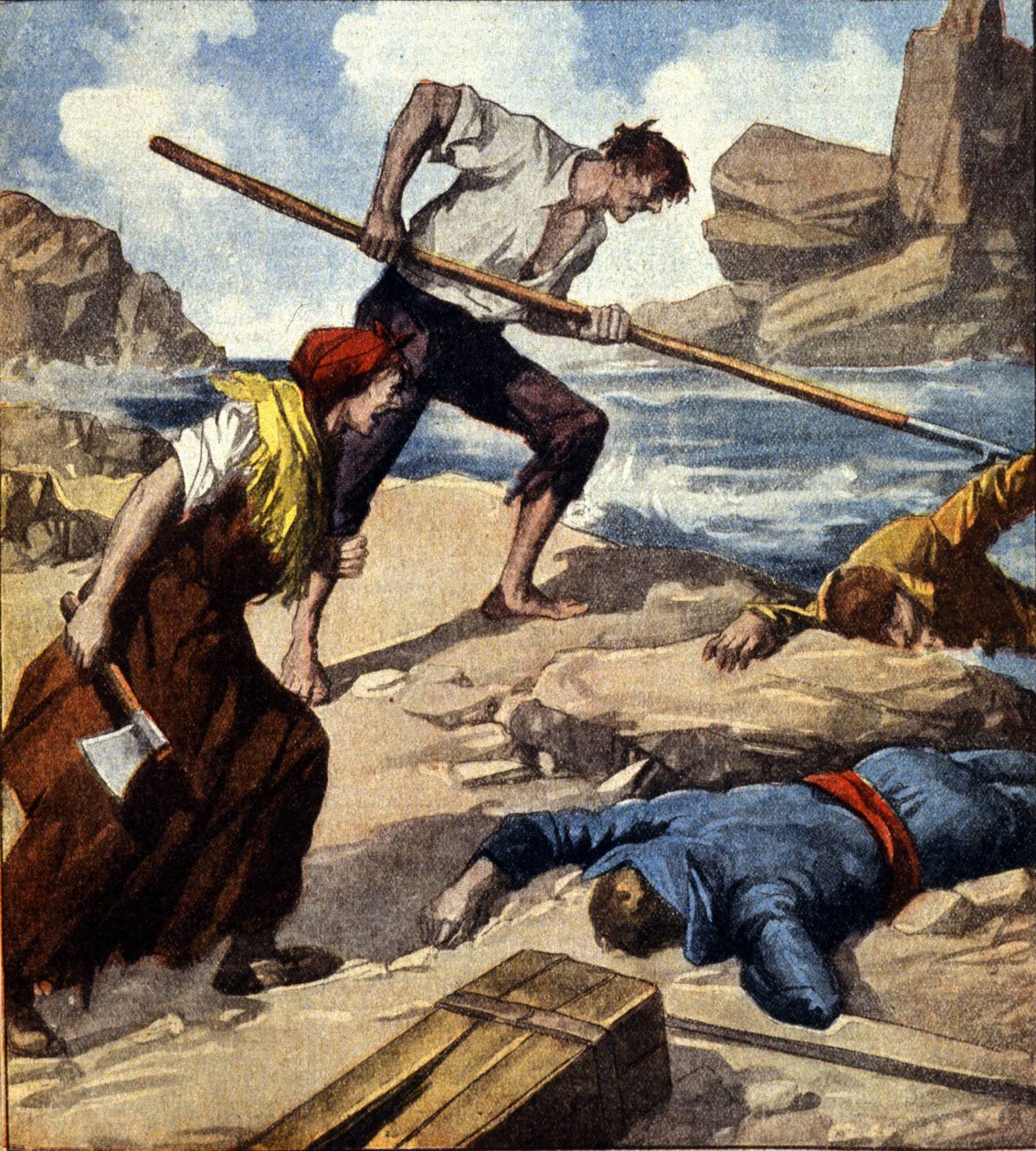 Två skeppsvrakare (pirater) efter att ha dragit båten till berget plundrade besättningen. Italiensk illustration. av Italian School