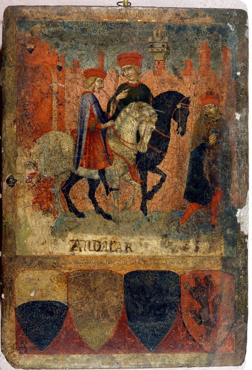 Två skatteinspektörer. Biccherna (omslag till Sienas stads bokföringsregister). Nationalarkiv - Museo delle Tavolette de Bicherna, Siena. Sent 1300-tal - tidigt 1400-tal. av Italian School
