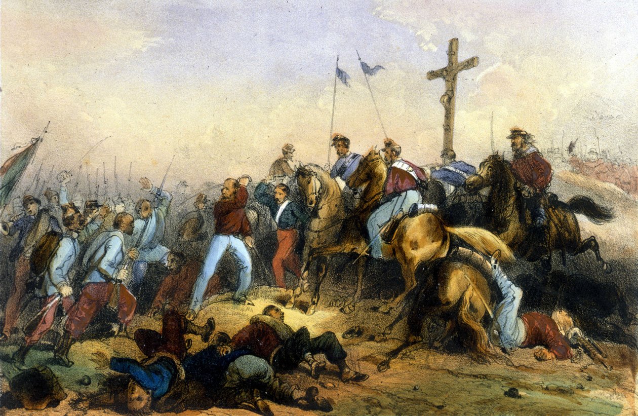 Unite of Italy: Slaget vid Milazzo på Sicilien den 20/07/1860. Giuseppe Garibaldis Tusen besegrade Francois II. Litografi från slutet av 1800-talet av Italian School