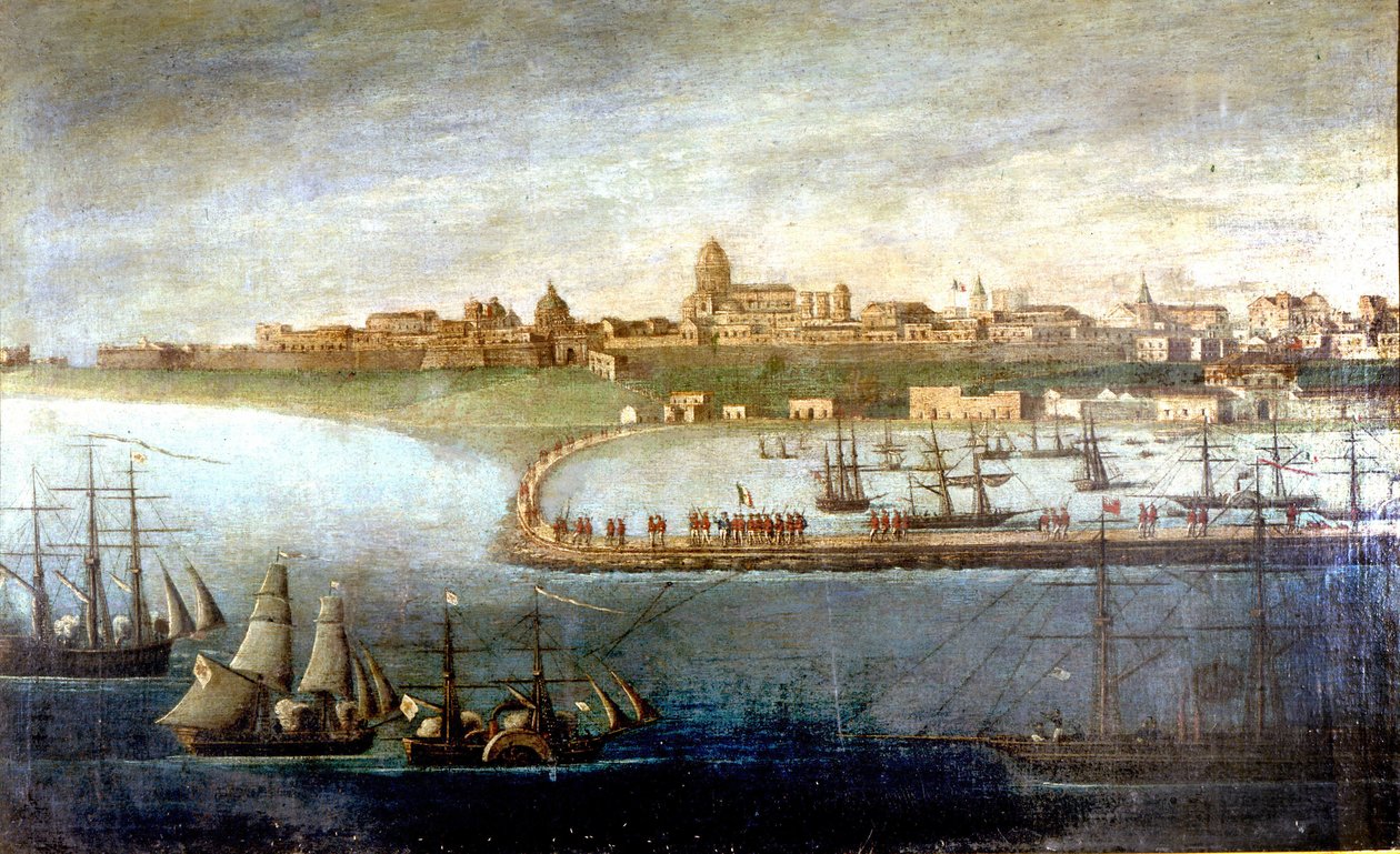 Unite of Italy: expeditionen av de tusen eller röda skjortor ledd av Giuseppe Garibaldi (1807-1882). Skällningen i Marsala, Sicilien. Anonym målning. Milan Museo del Risorgimento av Italian School