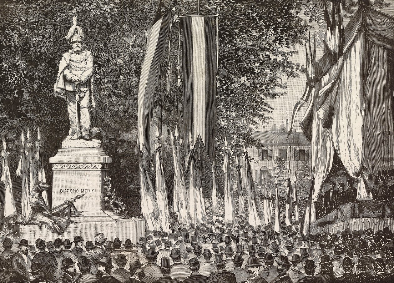 Avtäckning av monumentet till general Giacomo Medici, Milano, Italien, gravyr från teckning av Edoardo Ximenes från fotografiet Rossi, från L
