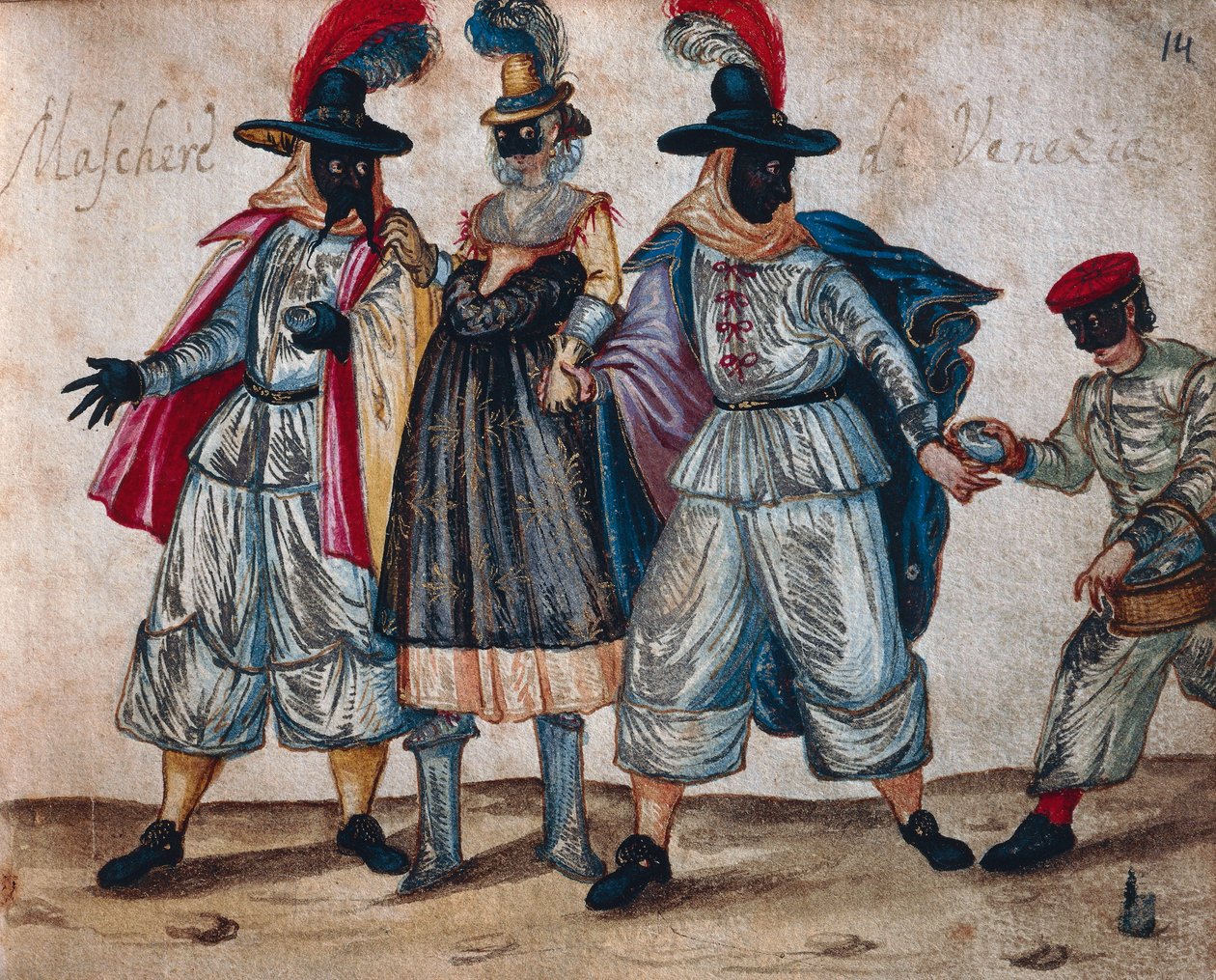 Venetianska maskerade figurer under karnevalen av Italian School