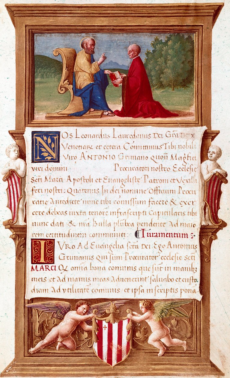 Venedig: Commission of Doge Antonio Grimani (1434-1523), Procurator of San Marco (Saint Mark) Manuskriptsida från 1500-talet. Venedig, Museo Correr av Italian School