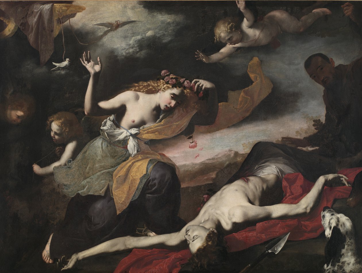 Venus upptäcker den döda Adonis, ca 1650 av Italian School