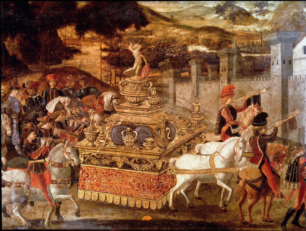 Seger av Lucius Aemilius Paullus eller Paul Emile Makedonien (ca 230-160 f.Kr.) över Persee kung av Makedonien. Detalj av processionen och triumfvagnen. Målning av den florentinska skolan på 1400-talet. Paris, Musée Jacquemart Andre av Italian School
