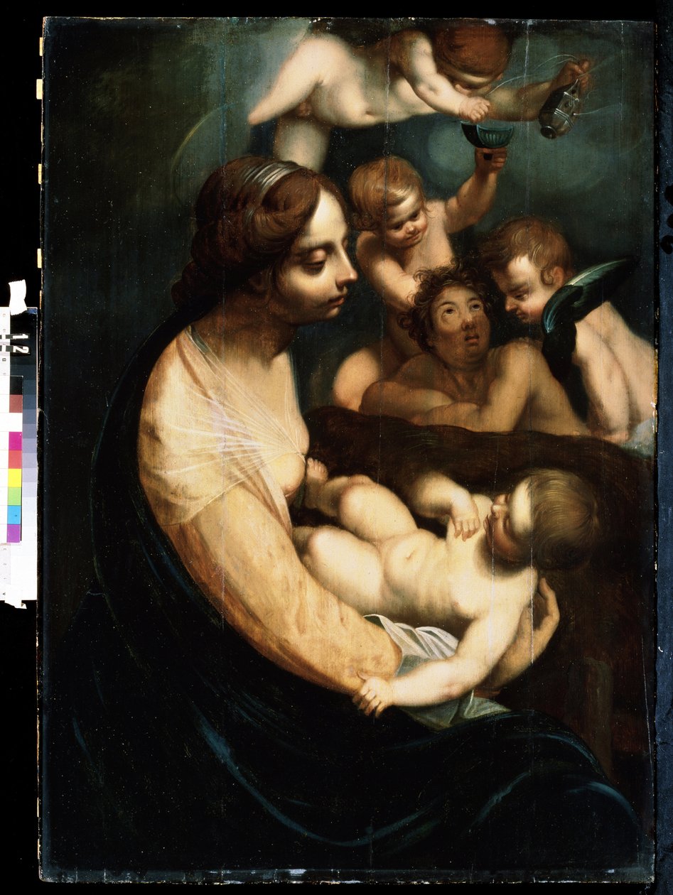 ""Madonna och barn och änglar"" (Jungfru och barn med änglar) Italiensk målning från början av 1600-talet. Mikhail Kroshitsky konstmuseum, Sevastopol (Sevastopol) Ukraina av Italian School