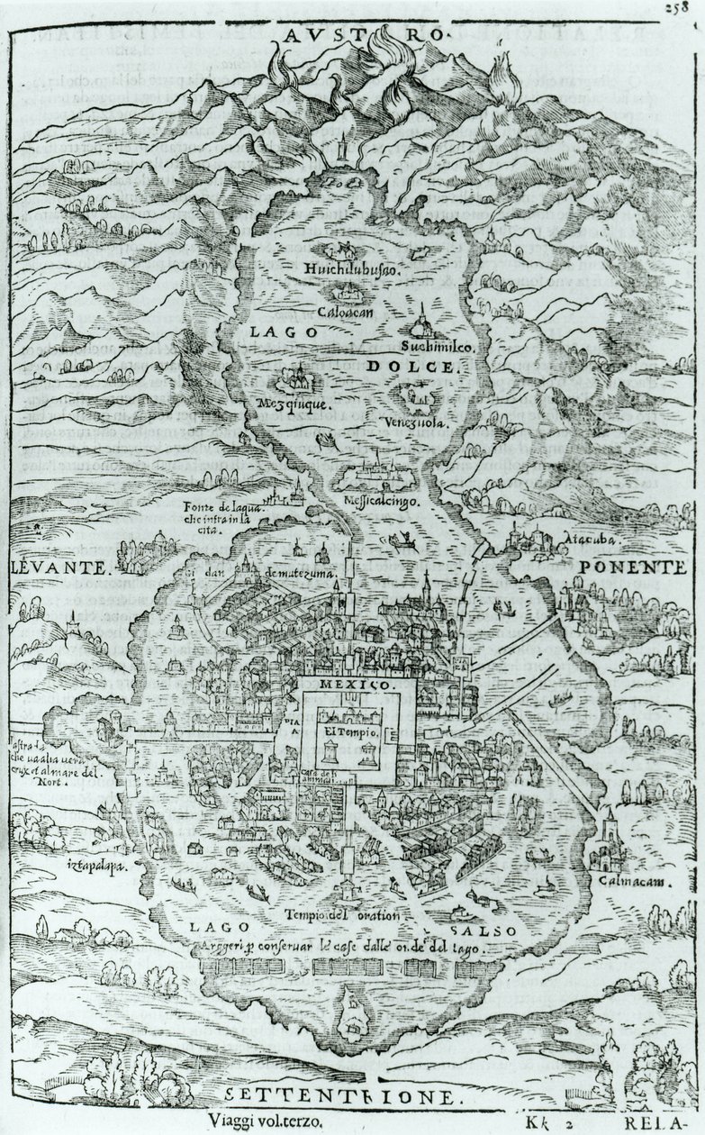 Utsikt från norr om den aztekiska staden Tenochtitlan, från Relatione della Citta del Temistitan av Giovanni Battista Ramusio (1485-1557) publicerad i Venedig 1606 av Italian School