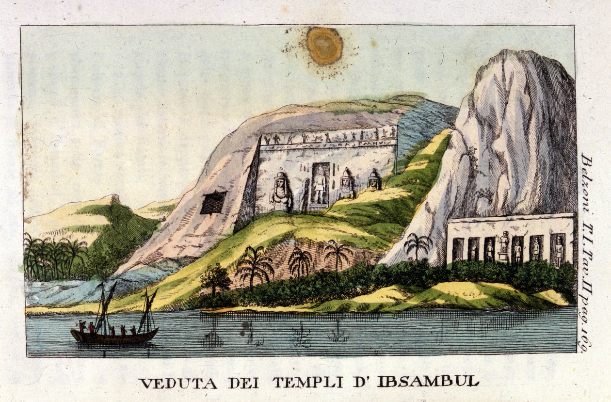 Utsikt över Abu Simbel-templet. Författaren Giovanni Battista (Gianbattista) Belzoni (1778-1823), är en italiensk upptäcktsresande och arkeolog, har gjort viktiga arkeologiska upptäckter i Egypten. Gravyr - i "" Viaggio in Egitto e in Nubia"" av Belzoni, M av Italian School