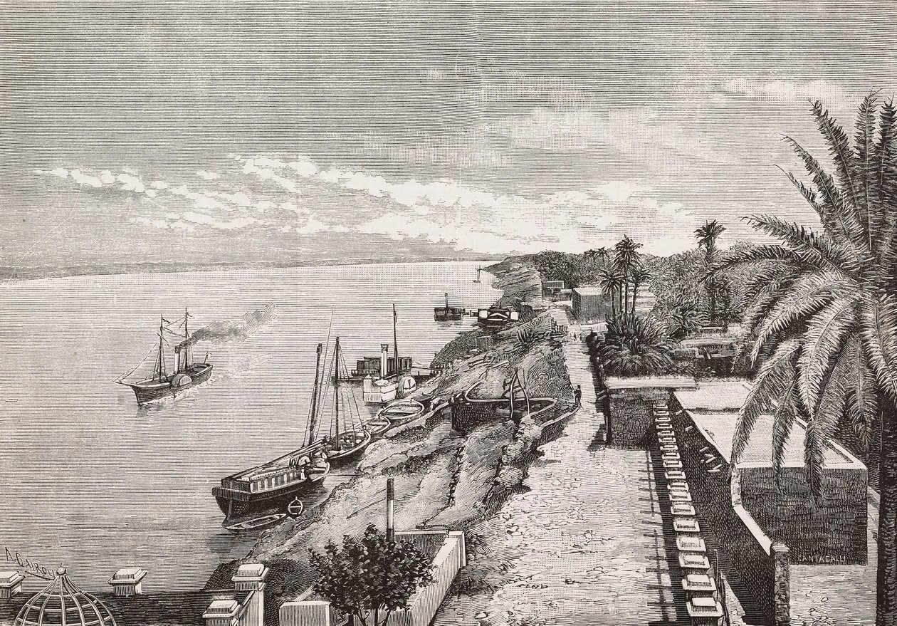 Vy över Khartoum längs Blue Nile, Sudan, gravyr av Cairoli från fotografi av Buchta, från L