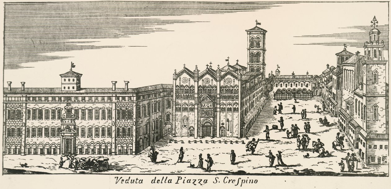 Vy över Piazza San Crispino och Ferrara katedral, gravyr, Italien av Italian School
