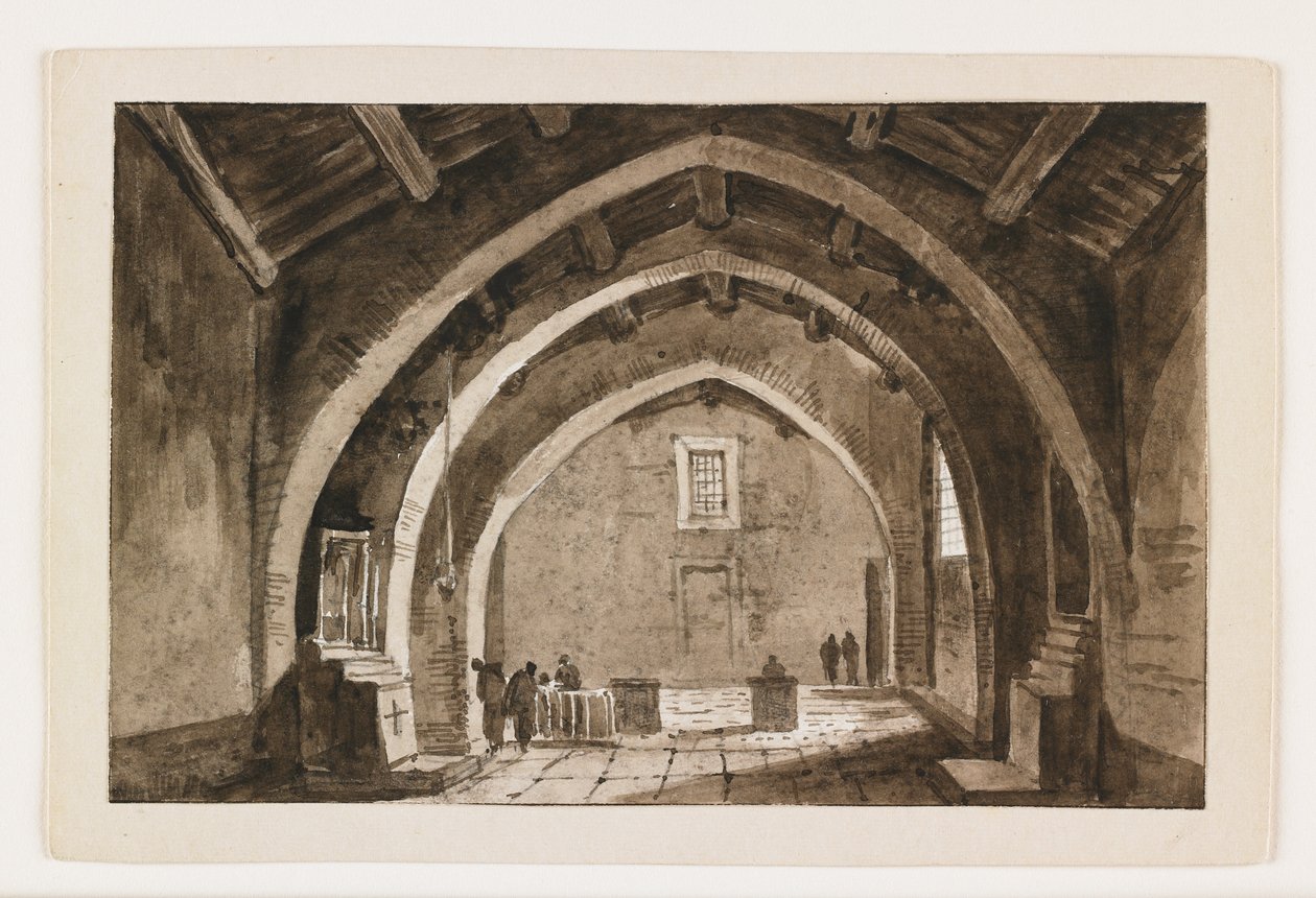 Utsikt över en kyrka interiör, tidigt 1800-tal (penna & brunt bläck & tvätta över svart krita) av Italian School