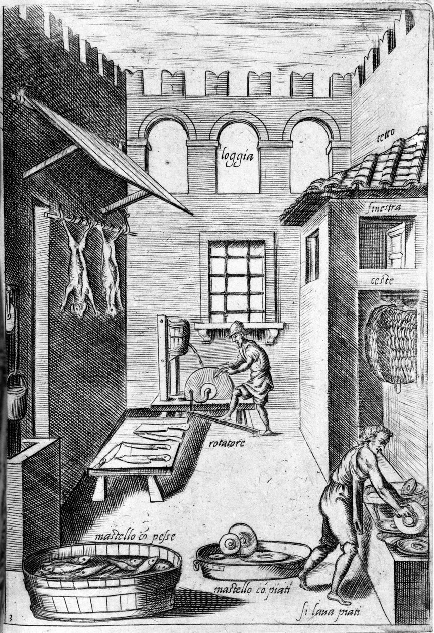 Utsikt över ett kök. Längst ner slipar en man knivarna medan en man framför en annan tvättar tallrikarna. Gravyr från "Opera", bok om gastronomi uppdelad i 6 delar, av Bartolomeo Scappi, personlig kock av påven Pius V. Venedig av Italian School