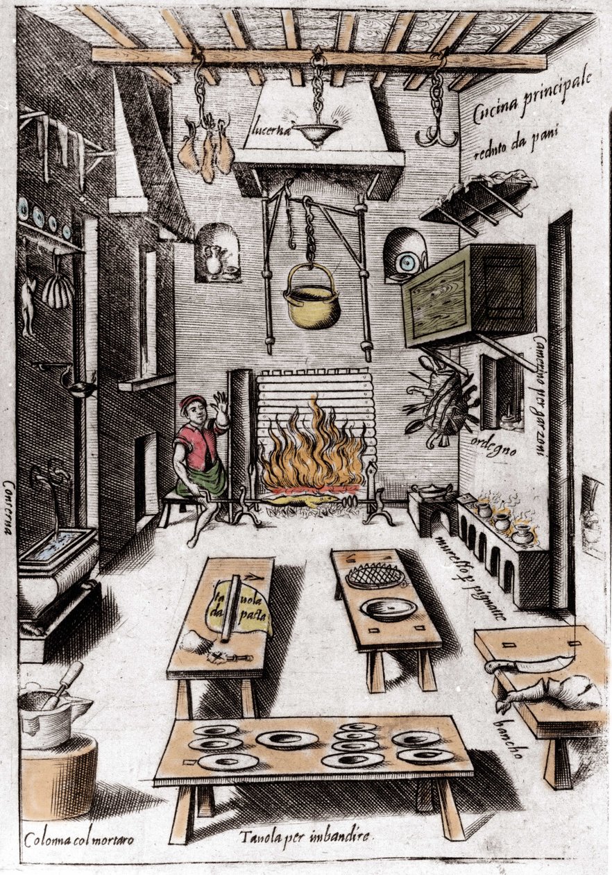 Utsikt över ett kök. Gravyr från "Opera", bok om gastronomi uppdelad i 6 delar, av Bartolomeo Scappi, personlig kock av påven Pius V. Venedig av Italian School