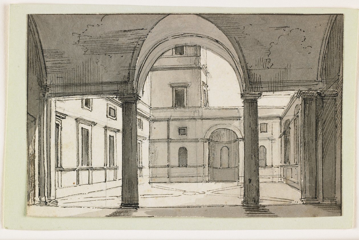 Utsikt över en italiensk pelargång och innergård, tidigt 1800-tal (penna & brunt bläck & grå tvätt över svart krita) av Italian School