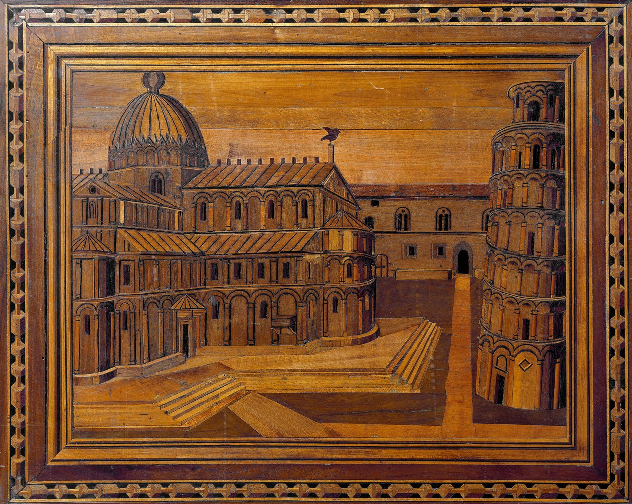 Utsikt över katedralen i Pisa (Duomo di Santa Maria Assunta di Pisa) och det lutande tornet (Torre-hänget) på Mirakeltorget (Piazza dei Miracoli) Intarsia från 1400-talet. Bevarad i katedralens prästgård, Pisa av Italian School