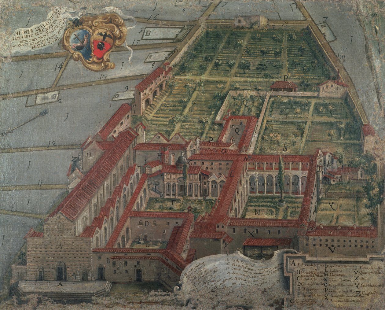 Utsikt över kyrkan och klostret Santa Croce 1718 av Italian School