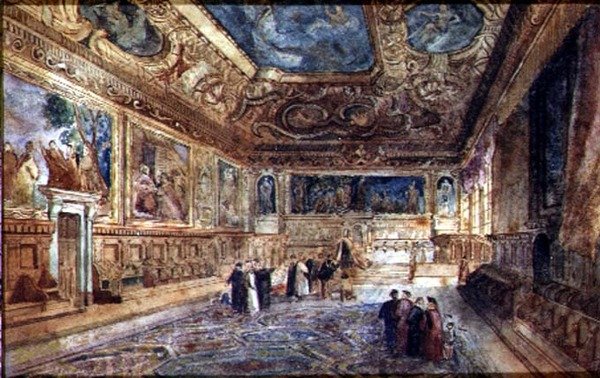 Utsikt över interiören av Dogepalatset i Venedig, ca 1840 (akvarell på veläng) av Italian School
