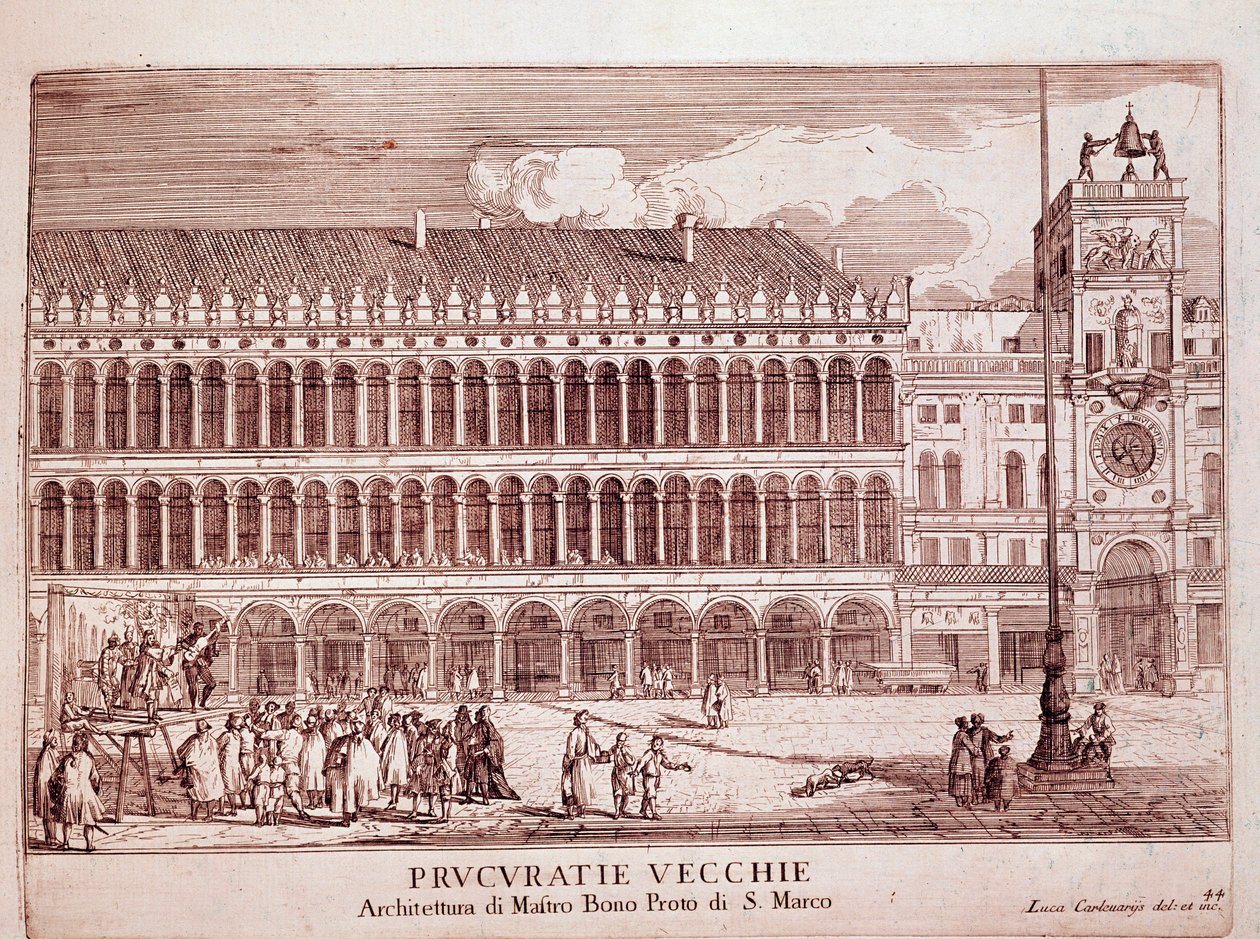 Vy över Procuracy Vecchie på Markusplatsen i Venedig Gravyr av 1703 Venedig, Museo Correr av Italian School