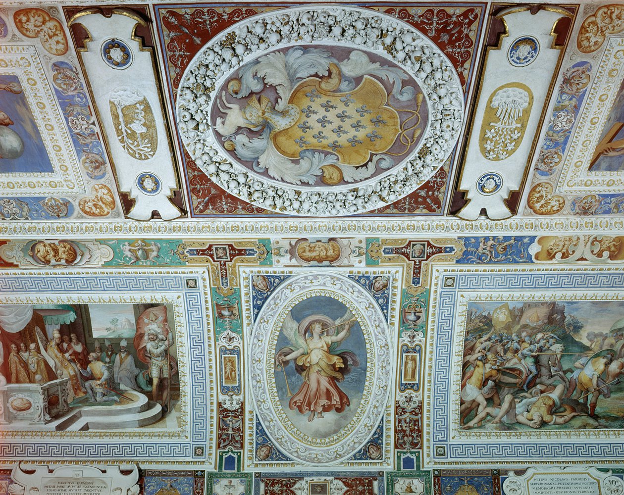 Utsikt över Sala dei Fasti Farnese (Hall of the Splendors of the Farnese) utformad av Onofrio Panvinio och fresker av Taddeo (1529-66) och Federico Zuccaro (1540-1609) 1557-83 (detalj) av Italian School