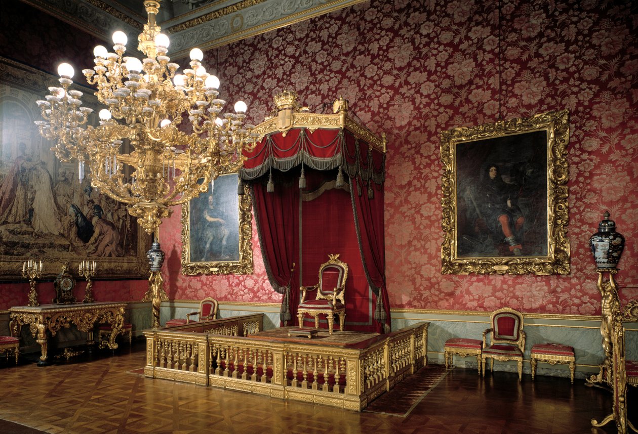 Utsikt över tronrummet eller Chamberlains Room 1800-talets kungliga lägenheter, Palazzo Pitti, Florens Italien av Italian School