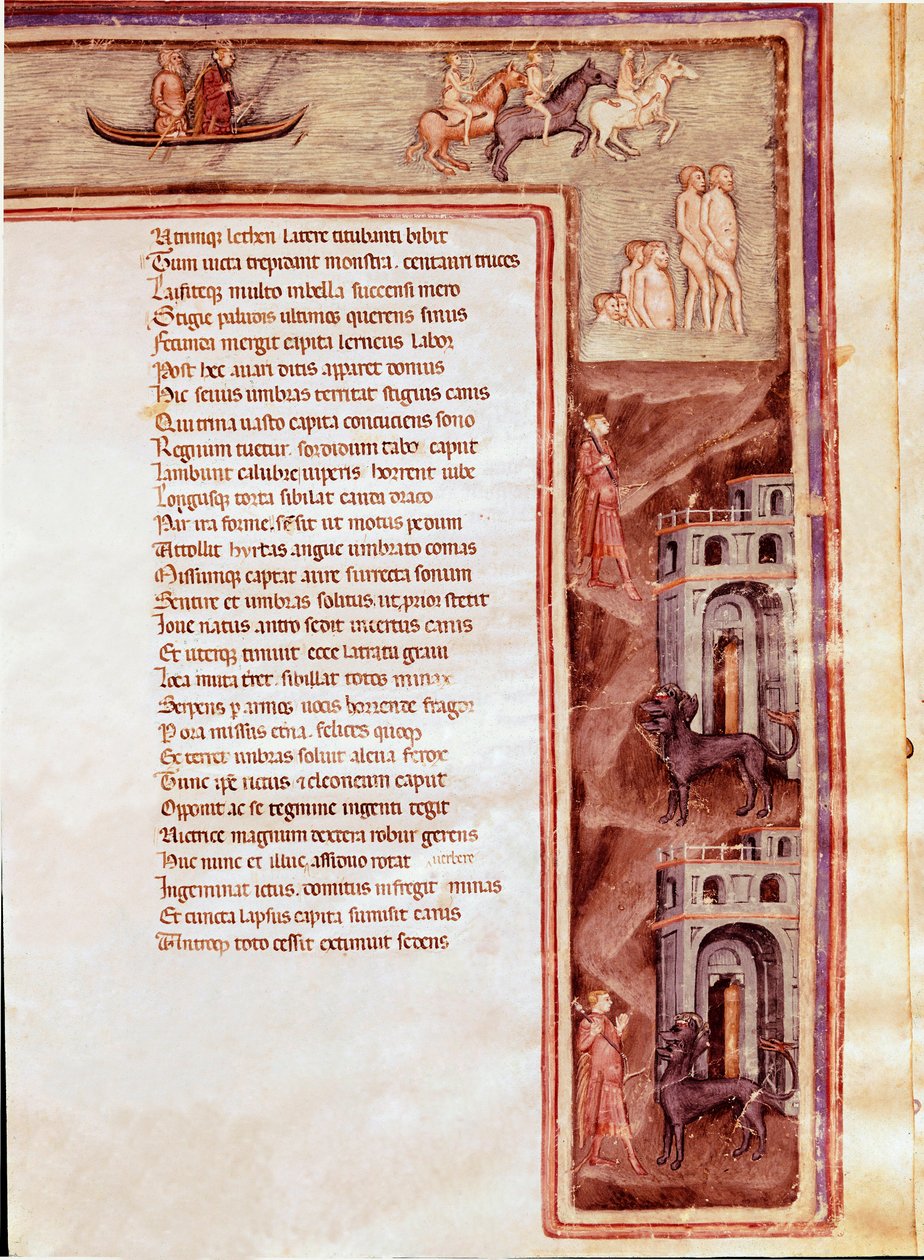 Utsikt över underjorden, karaktärer och monster, illustration för Furious Hercules av Seneque (miniatyr av Italian School