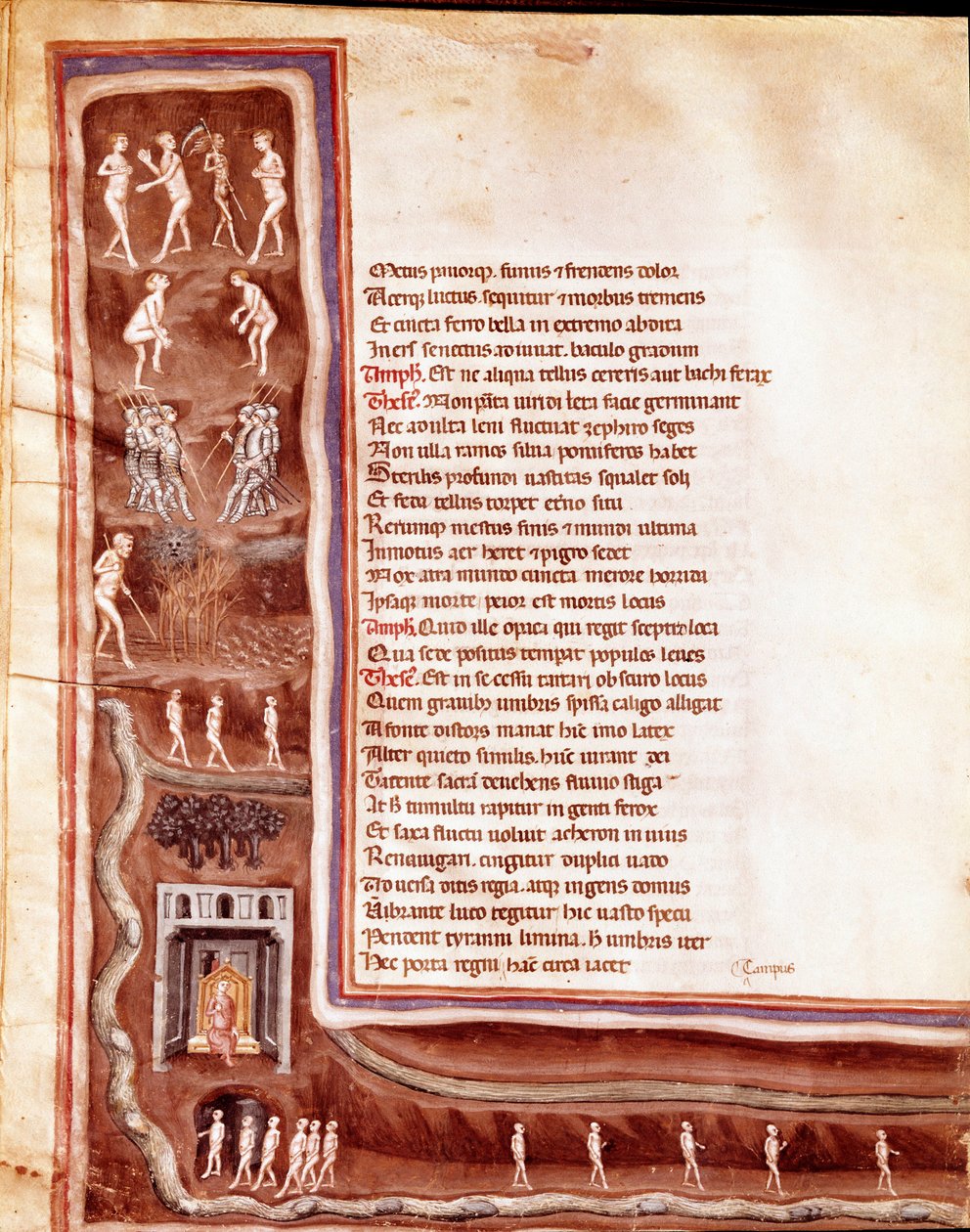Utsikt över underjorden, karaktärer och monster, vandrande själar i underjordens cirklar, illustration till Furious Hercules av Seneque (Miniature av Italian School