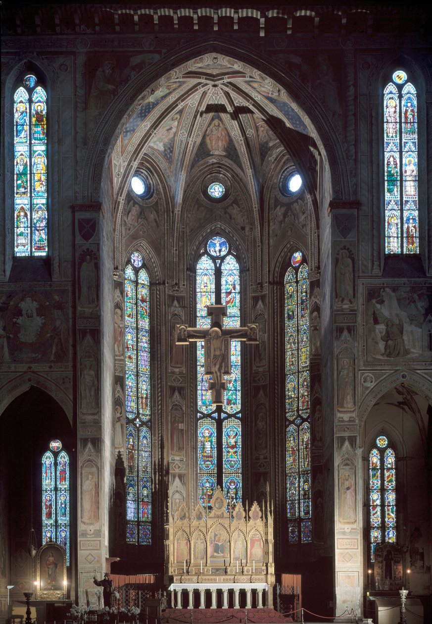 Utsikt över cappella maggiore i kyrkan Santa Croce, med fresk, tidigt 1300-tal av Italian School