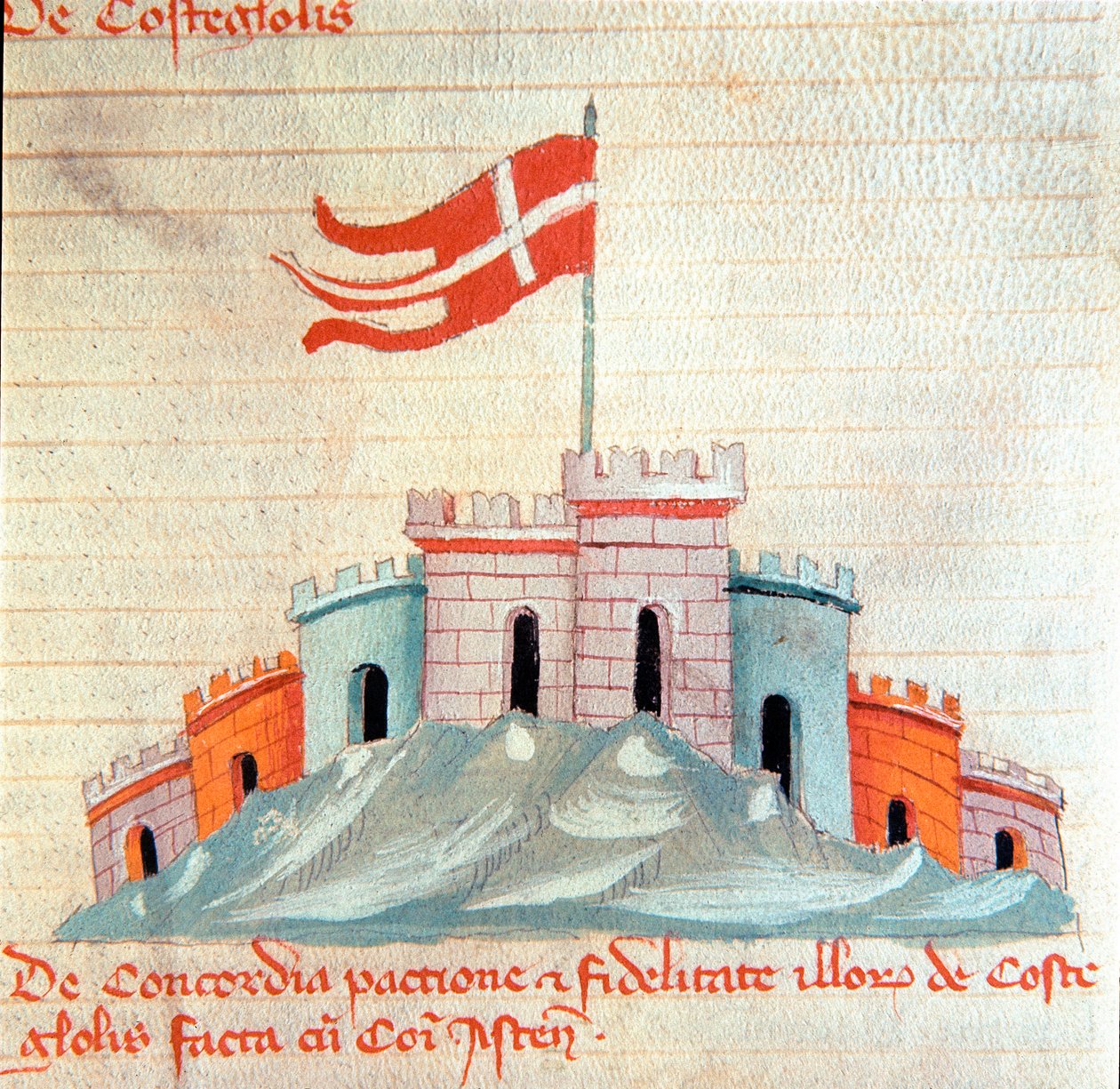 Utsikt över slottet Castiglione i Toscana Miniatyr från "" Codex Astensis"" (eller Malabayla), krönikor om staden Asti mellan 1065 och 1353. 1300-talet. Bevara i borgmästaren i Asti av Italian School
