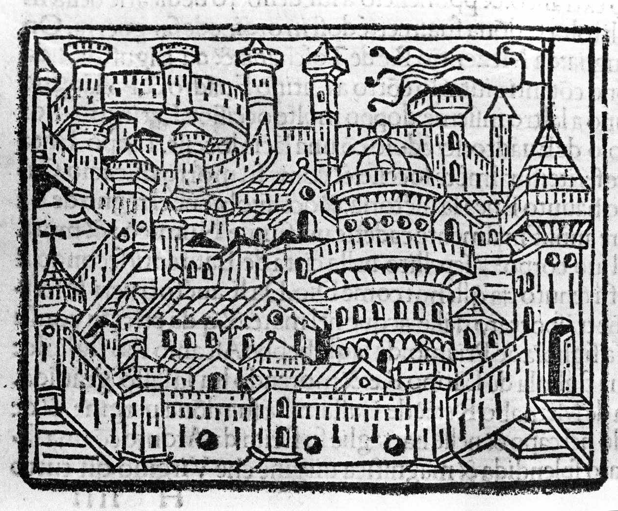 Utsikt över staden Aosta i Italien. Gravyr i "" Tillägg till krönikorna "" av Fra Jacopo Filippo Foresti, Venedig av Italian School
