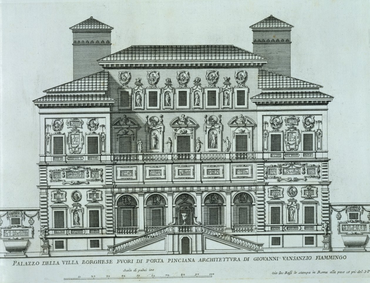 Vy över fasaden av Villa Borghese, Rom av Italian School