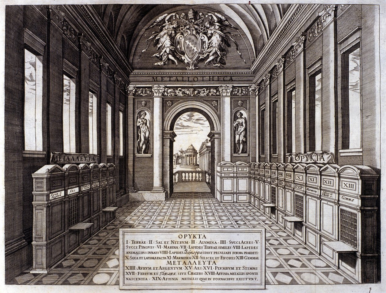 Utsikt över museet för Michele Mercati (1541-1595), förvaltare av Vatikanens botaniska trädgård. Gravyr från "" Metallotheca..." Rom 1717 - 1719 av Italian School