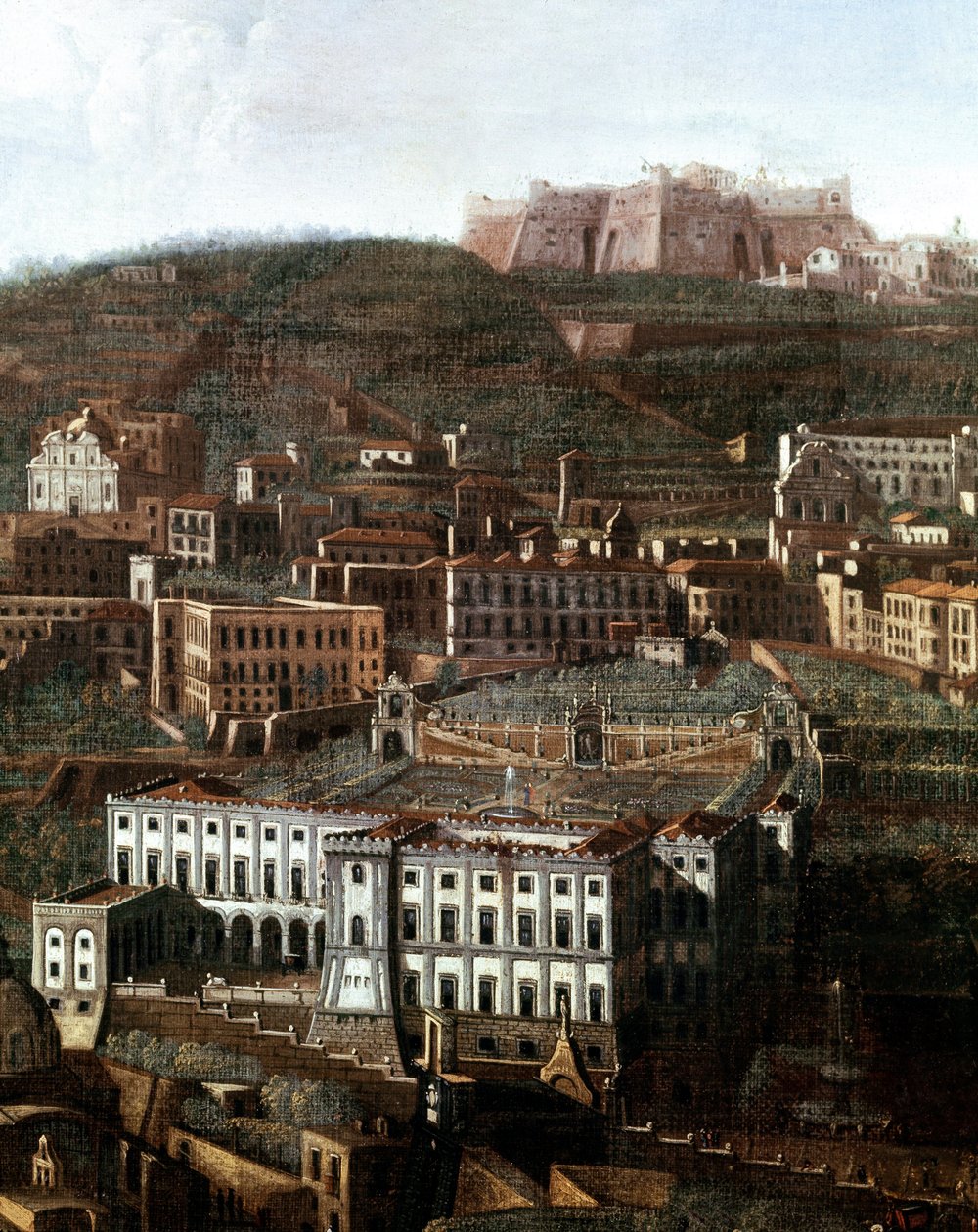 Utsikt över det gamla tingshuset förvandlat till ett palats med hängande trädgårdar i Neapel Anonym målning - 1700-talet - Neapel, Museo Nazionale di San Martino av Italian School