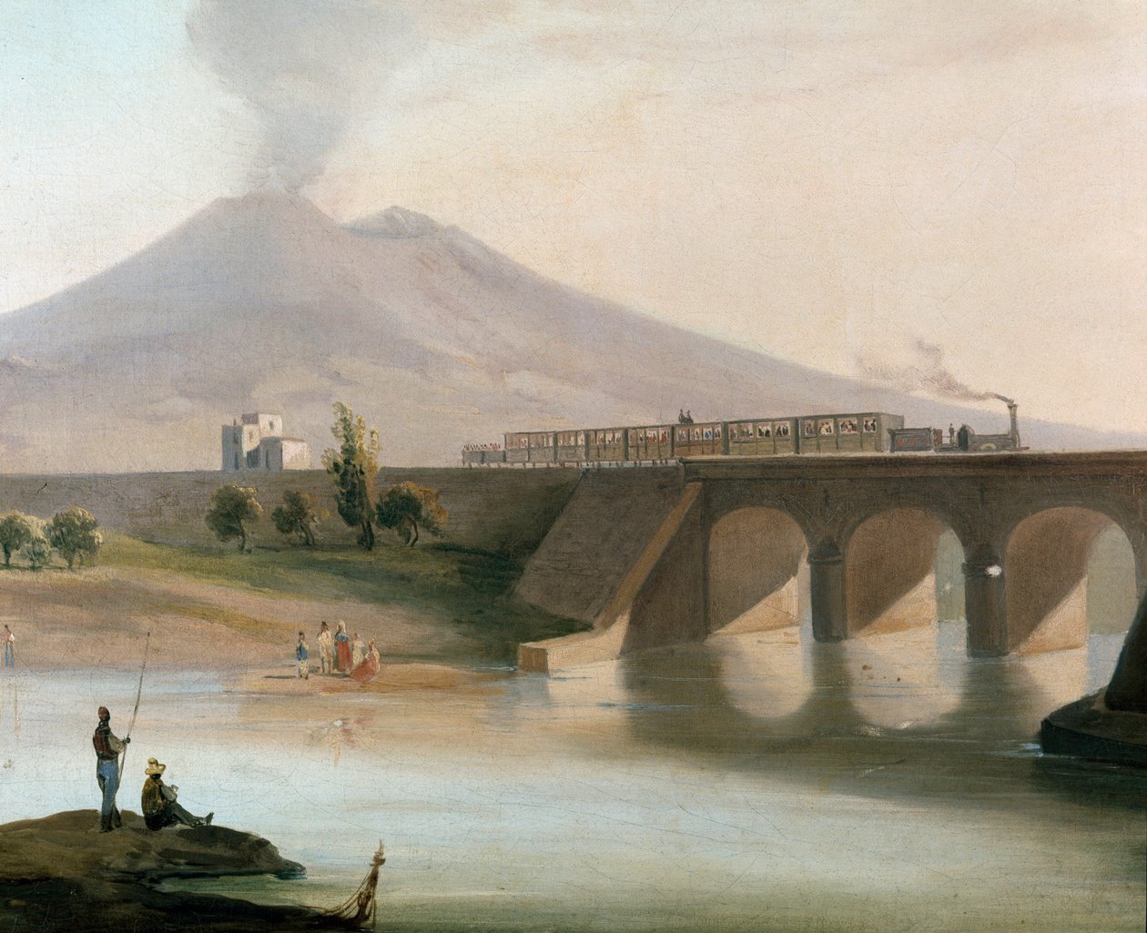 Utsikt över järnvägslinjen mellan Torre Annunziata och Nocera i Neapelregionen som invigdes 1844, Vesuven syns i bakgrunden (Vy över järnvägslinjen mellan Torre Annunziata och Nocera nära Neapel) - Målning av 1800-talets Museo Nazio av Italian School