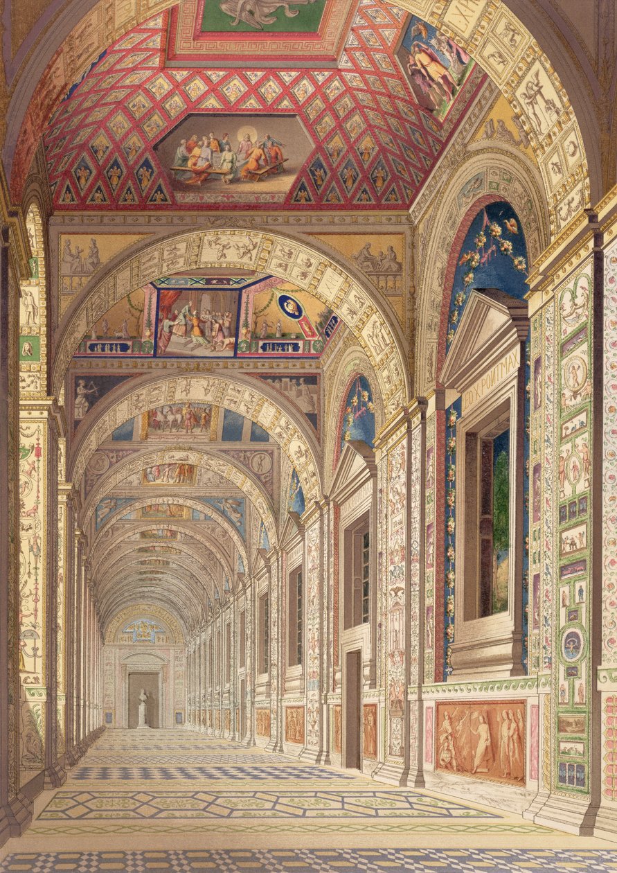 Vy över andra våningens Loggia i Vatikanen, med dekor av Raphael, från Delle Loggie di Rafaele nel Vaticano, publicerad som ett löst blad i upplagan 1814 (handfärgad gravyr) av Italian School