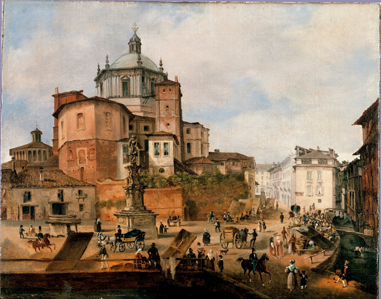Utsikt över torget Vetra och absiden av basilikan San Lorenzo Anonym målning. Slutet av 1800-talet. Milano, Milanos museum av Italian School