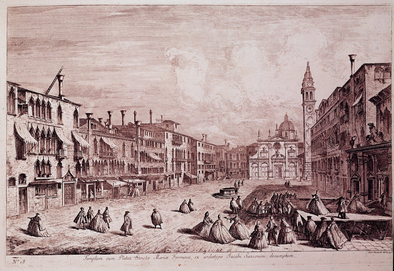 Utsikt över torget i kyrkan Santa Maria Formosa a Venedig Gravyr från ""The Magnificent and Selective Prospectus of the City of Venedig" av Michele Marieschi (1710-1743) 1741 Venedig, Museo Correr av Italian School