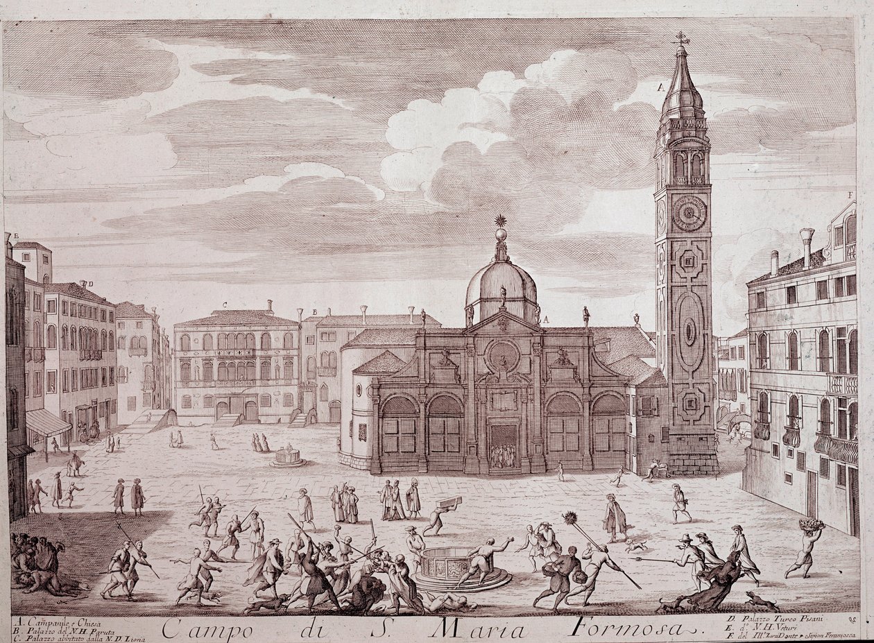 Utsikt över torget i kyrkan Santa Maria Formosa a Venedig Gravyr från "" Teatro di Venezia"" 1700-talets Venedig, Museo Correr av Italian School